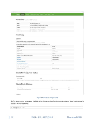 12 ENIS – GI 3 – 2017/2018 Mme. Amal ABID
Figure 2. NameNode : Interface Web
Enfin, pour arrêter un serveur Hadoop, vous devrez utiliser la commande suivante pour interrompre le
serveur de fichiers HDFS :
$ stop-dfs.sh
 