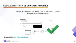 12
SOLUTION2 : REMPLIR LES TROUS AVEC LE MACHINE LEARNING
Notion de “Conversion Modeling”
En savoir plus : lien Think with Google
GOOGLE ANALYTICS 4 VS UNIVERSAL ANALYTICS
Google Analytics 4
 