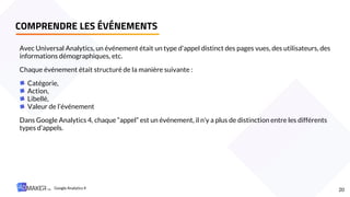 Avec Universal Analytics, un événement était un type d’appel distinct des pages vues, des utilisateurs, des
informations démographiques, etc.
Chaque événement était structuré de la manière suivante :
Catégorie,
Action,
Libellé,
Valeur de l’événement
Dans Google Analytics 4, chaque “appel” est un événement, il n’y a plus de distinction entre les différents
types d’appels.
COMPRENDRE LES ÉVÉNEMENTS
20
Google Analytics 4
 