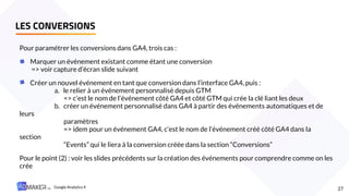 LES CONVERSIONS
27
Pour paramétrer les conversions dans GA4, trois cas :
Marquer un événement existant comme étant une conversion
=> voir capture d’écran slide suivant
Créer un nouvel événement en tant que conversion dans l’interface GA4, puis :
a. le relier à un événement personnalisé depuis GTM
=> c’est le nom de l’événement côté GA4 et côté GTM qui crée la clé liant les deux
b. créer un événement personnalisé dans GA4 à partir des événements automatiques et de
leurs
paramètres
=> idem pour un événement GA4, c’est le nom de l’événement créé côté GA4 dans la
section
“Events” qui le liera à la conversion créée dans la section “Conversions”
Pour le point (2) : voir les slides précédents sur la création des événements pour comprendre comme on les
crée
Google Analytics 4
 