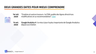“Cookies et autres traceurs : la CNIL publie des lignes directrices
modificatives et sa recommandation”. Lien
DEUX GRANDES DATES POUR MIEUX COMPRENDRE
1er oct.
2020
Google Analytics 4 : la mise à jour la plus importante de Google Analytics
depuis sa création
14 oct.
2020
3
Google Analytics 4
 