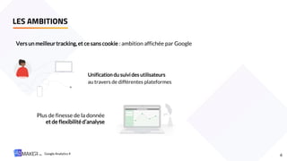 6
Vers un meilleur tracking, et ce sans cookie : ambition affichée par Google
LES AMBITIONS
Unification du suivides utilisateurs
au travers de différentes plateformes
Plus de finesse de la donnée
et de flexibilité d’analyse
Google Analytics 4
 