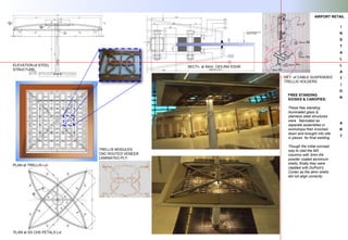 FREE STANDING
KIOSKS & CANOPIES:
These free standing
illuminated glass &
stainless steel structures
were fabricated as
separate assemblies in
workshops then knocked
down and brought into site
in pieces for final welding.
Though the initial concept
was to clad the MS
columns with 3mm thk
powder coated aluminum
shells; finally they were
cladded with DuPont’s
Corian as the almn shells
did not align correctly.
TRELLIS MODULES:
CNC ROUTED VENEER
LAMINATED PLY.
ELEVATION of STEEL
STRUCTURE.
PLAN at TRELLIS Lvl.
PLAN at SS CHS PETALS Lvl.
SECTn. at Almn. CEILING EDGE
DET. of CABLE SUSPENDED
TRELLIS HOLDERS
AIRPORT RETAIL
I
N
S
T
A
L
L
A
T
I
O
N
A
R
T
 