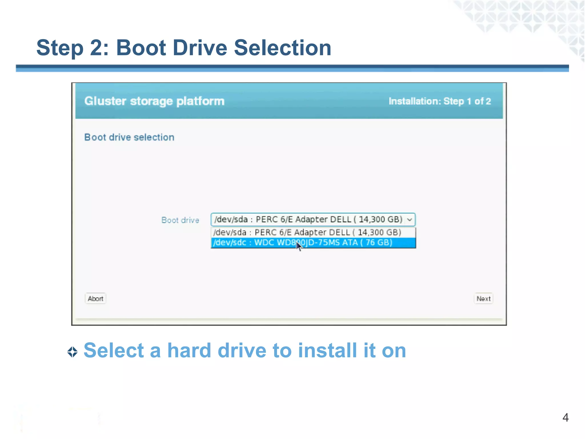 Step 2: Boot Drive Selection




    Select a hard drive to install it on


                                           4
 