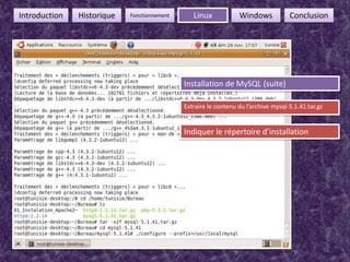 16FonctionnementIntroductionHistoriqueLinuxWindowsConclusionInstallation de MySQL (suite)Extraire le contenu du l’archive mysql-5.1.41.tar.gzIndiquer le répertoire d’installation  