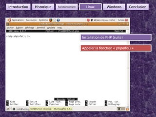 26FonctionnementIntroductionHistoriqueLinuxWindowsConclusionInstallation de PHP (suite)Appeler la fonction « phpinfo() »