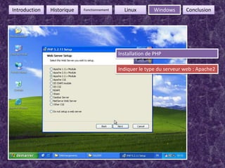 34FonctionnementIntroductionHistoriqueLinuxWindowsConclusionInstallation de PHPIndiquer le type du serveur web : Apache2