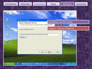 35FonctionnementIntroductionHistoriqueLinuxWindowsConclusionInstallation de PHP (suite)Indiquer l’adresse d’Apache