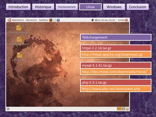 FonctionnementIntroductionHistoriqueLinuxWindowsConclusion7Téléchargementhttpd-2.2.14.tar.gzhttp://httpd.apache.org/download.cgimysql-5.1.41.tar.gzhttp://dev.mysql.com/downloads/mysql/php-5.3.1.tar.gzhttp://www.php.net/downloads.php