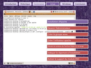 FonctionnementIntroductionHistoriqueLinuxWindowsConclusionInstallation d’ApacheDevenir l’AdministrateurCréer le groupe wwwCréer l’utilisateur apacheExtraire le contenu du l’archive httpd-2.2.14.tar.gzIndiquer le répertoire d’installation  Activer le support du module DSO 8