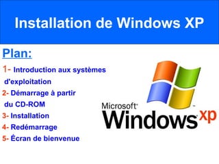 Installation de Windows XP Plan: 1-  Introduction aux systèmes d'exploitation  2-  Démarrage à partir du CD-ROM  3-  Installation  4-  Redémarrage  5-  Écran de bienvenue 
