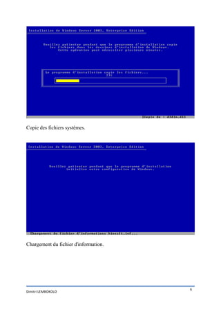 Copie des fichiers systèmes.




Chargement du fichier d'information.




                                       6
Dimitri LEMBOKOLO
 