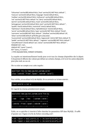 ‘fullcontact‘ varchar(80) default NULL,‘host‘ varchar(31) NOT NULL default ’’,
‘insecure‘ varchar(4) default NULL,‘language‘ char(2) default NULL,
‘mailbox‘ varchar(50) default NULL,‘md5secret‘ varchar(80) default NULL,
‘nat‘ varchar(5) NOT NULL default ’no’,‘deny‘ varchar(95) default NULL,
‘permit‘ varchar(95) default NULL,‘mask‘ varchar(95) default NULL,
‘pickupgroup‘ varchar(10) default NULL,‘port‘ varchar(5) NOT NULL default ’’,
‘qualify‘ char(3) default NULL,‘restrictcid‘ char(1) default NULL,
‘rtptimeout‘ char(3) default NULL,‘rtpholdtimeout‘ char(3) default NULL,
‘secret‘ varchar(80) default NULL,‘type‘ varchar(6) NOT NULL default ’friend’,
‘username‘ varchar(80) NOT NULL default ’’,‘disallow‘ varchar(100) default ’all’,
‘allow‘ varchar(100) default ’g729;ilbc;gsm;ulaw;alaw’,
‘musiconhold‘ varchar(100) default NULL,‘regseconds‘ int(11) NOT NULL default ’0’,
‘ipaddr‘ varchar(15) NOT NULL default ’’,‘regexten‘ varchar(80) NOT NULL default ’’,
‘cancallforward‘ char(3) default ’yes’,‘setvar‘ varchar(100) NOT NULL default ’’,
PRIMARY KEY (‘id‘),
UNIQUE KEY ‘name‘ (‘name‘),
KEY ‘name_2‘ (‘name‘)
) TYPE=MyISAM ROW_FORMAT=DYNAMIC;
La requête est intentionnellement lourde pour avoir tous les champs disponibles dès le départ.
Cela permet d’aﬀecter des valeurs par défaut sur certains champs, et d’avoir les autres déjà prêts
pour plus tard, au cas où.
On va créer un compte avec cette requête :
Pour vériﬁer, on va utiliser le CLI de MySQL. On se connecte sur la base asterisk :
On regarde les champs précédemment remplis :
Enﬁn, on va spéciﬁer à Asterisk d’aller chercher les paramètres SIP dans MySQL. Il suﬃt
d’ajouter ces 2 lignes à la ﬁn du ﬁchier extconﬁg.conf :
 
