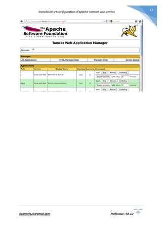 Installation et configuration d’apache-tomcat sous centos
Kparmel123@gmail.com Professeur : M. LO
12
 