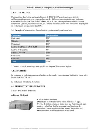 Module : Installer et configurer le matériel informatique
Formation de Technicien exploitant en informatique. ----------------------------------------------------------------------------------------------------------------- 8
3. L'ALIMENTATION
L'alimentation d'un boîtier varie actuellement de 230W à 350W, cette puissance doit être
suffisamment importante pour pouvoir alimenter les différents composants de votre ordinateur
(carte vidéo, lecteur de CD ou de DVD-ROM, etc.). Si vous voulez par la suite ajouter d'autres
composants (graveur, second disque dur, etc.) à votre ordinateur, nous vous conseillons d'opter pour
un boîtier ayant une puissance de 300W.
3.1. Exemple : Consommation d'un ordinateur ayant une configuration de base
Composants Consommation
Carte mère 25W
Mémoire 12W
Disque dur 20W
Lecteur de CD ou de DVD-ROM 25W
Lecteur de disquettes 3W
Ecran 17 pouces* 100W
Carte vidéo 25W
Carte son 15W
Total 225W
* Dans cet exemple, nous supposons que l'écran n'a pas d'alimentation séparée.
4. LES BOITIERS
Le boîtier est le coffret compartimenté qui accueille tous les composants de l'ordinateur (carte mère,
lecteur de CD-ROM, etc.).
Le boîtier doit être adapté et évolutif.
4.1. DIFFERENTS TYPES DE BOITIER
il existe deux formes de boîtier:
a. Bureau (Desktop)
C'est un format horizontal.
D'habitude, on met le moniteur sur un boîtier de ce type.
Ce type de boîtier est un peu moins cher que l'autre mais il n'est
pas très évolutif car il offre un espace insuffisant pour les
extensions (cartes supplémentaires, second disque dur, etc.).
On le rencontre de moins en moins de nos jours.
 