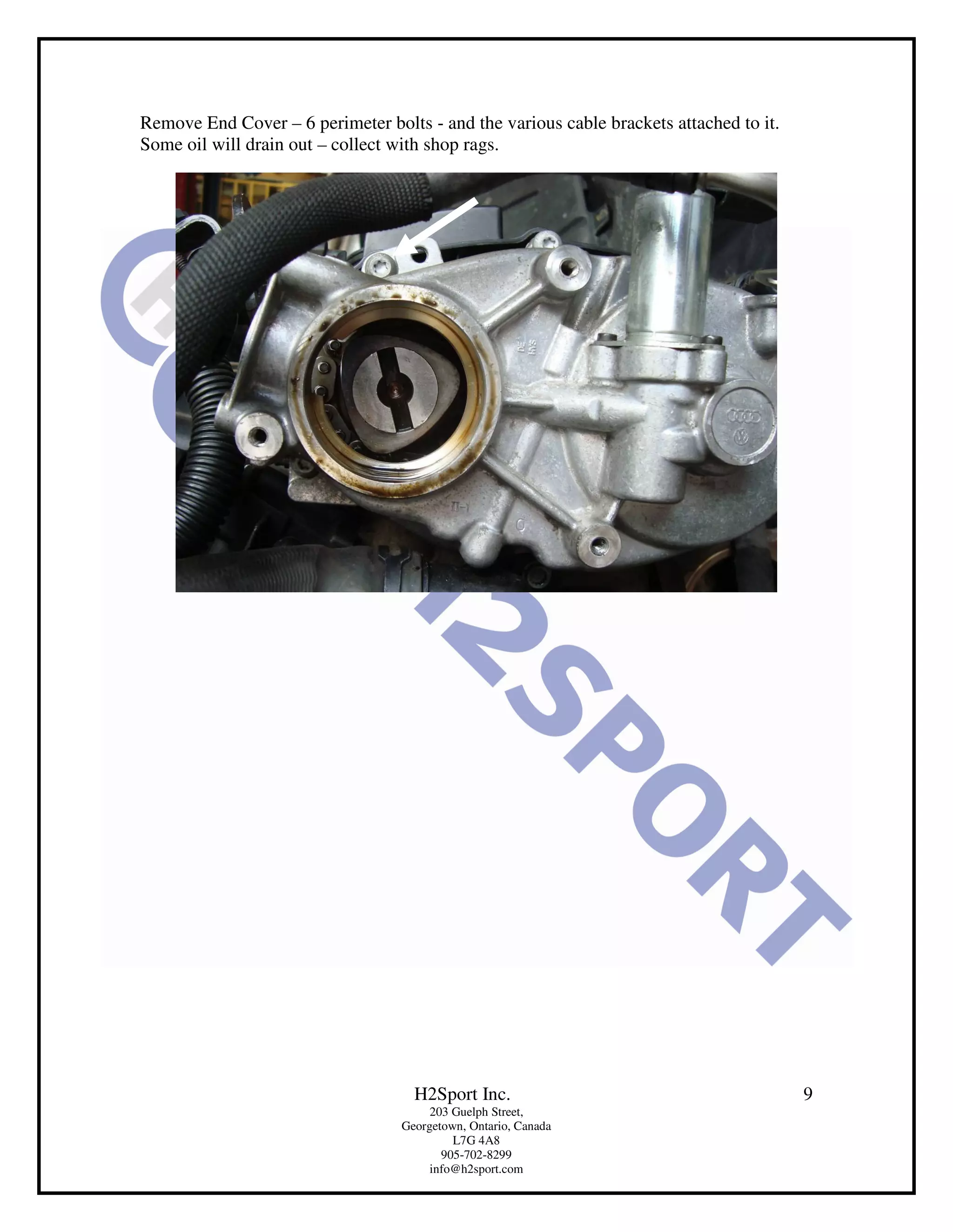 Remove End Cover – 6 perimeter bolts - and the various cable brackets attached to it.
Some oil will drain out – collect with shop rags.




                                    H2Sport Inc.                                        9
                                       203 Guelph Street,
                                  Georgetown, Ontario, Canada
                                           L7G 4A8
                                         905-702-8299
                                       info@h2sport.com
 