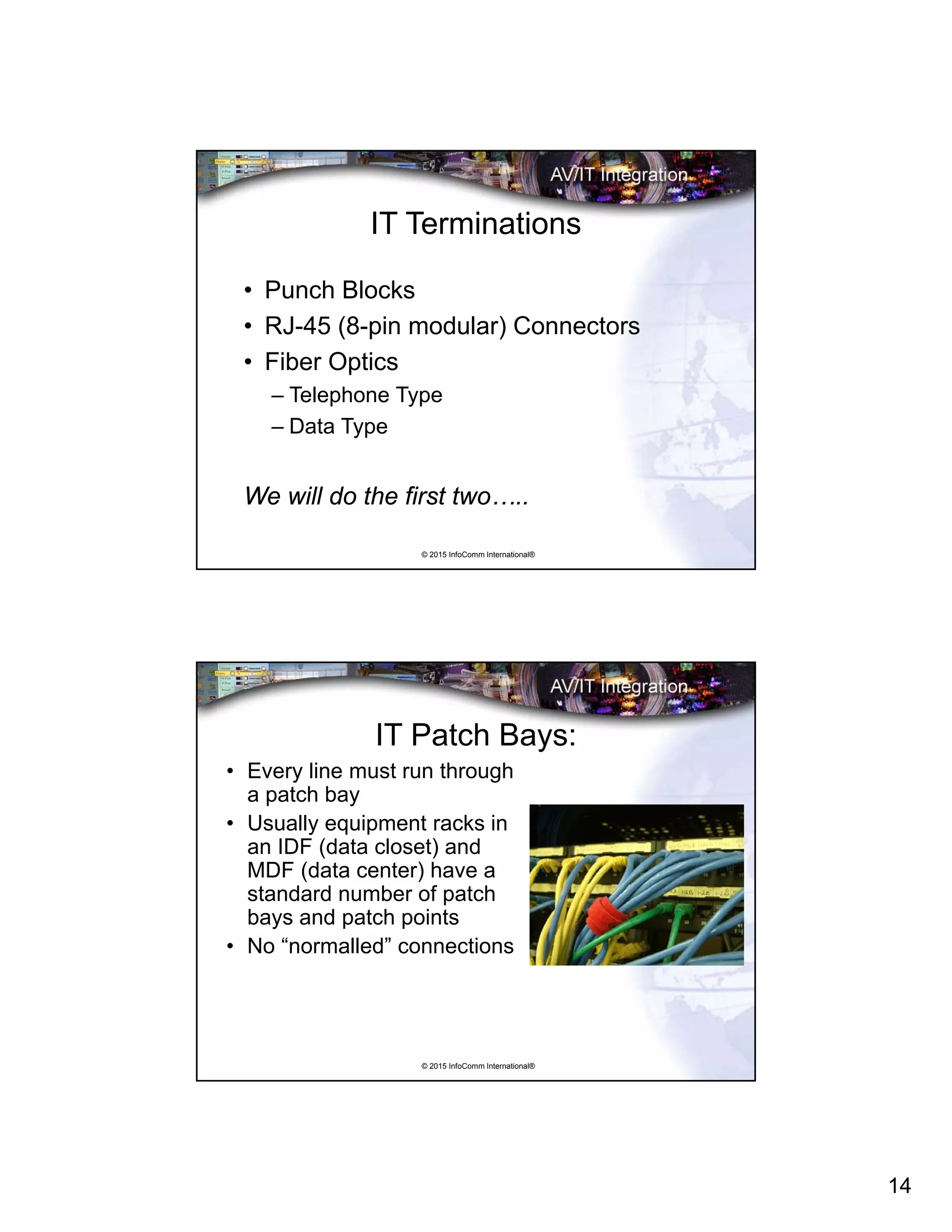 14
© 2015 InfoComm International®
IT Terminations
• Punch Blocks
• RJ-45 (8-pin modular) Connectors
• Fiber Optics
– Telephone Type
– Data Type
We will do the first two…..
© 2015 InfoComm International®
IT Patch Bays:
• Every line must run through
a patch bay
• Usually equipment racks in
an IDF (data closet) and
MDF (data center) have a
standard number of patch
bays and patch points
• No “normalled” connections
 