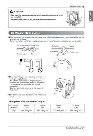 Refrigerant Piping

        CAUTION




                                                                                                                      ENGLISH
 • Make sure that pipe doesn't contact with the compressor terminal cover
   and comp bolt.
 • Always insulate the liquid and gas-side field piping and branch.




   U4 Chassis (1Fan Model)
■ After connecting the refrigerant pipe and checking the refrigerant leakage, cover it with heat insulator and roll
  around it with vinyl tape.
  Tighten up the flare nut fitting on regulated torque. (Until “clatter” sounds is made at torque wrench part.)

             The centers correspond with each other
                                                                     Socket flare             Flare nut


                                                                   Screw wrench                 Torque wrench
             Refrigerant pipe          Flare nut




                 Cap                                                                Pipe

                                Pipe           Pipe




■ Do not bend the pipe more than twice and work on it
  making it a big half circle.
  If it is folded over, cooling/heating capacity may
  decrease and it could be the reason of malfunction.
  Do not remove the cap on flare side until the
  connection.
  Dust and sand inside pipes can be the reason of
  malfunction.


■ Bend it following the wall and connect to outdoor unit
  valve.


Refrigerant pipe connection torque
 Pipe external            6.35mm                      9.52mm                12.7mm                   15.88mm
   diameter                (1/4")                      (3/8")                (1/2")                    (5/8")

    Torque             180~250kgf.cm               340~420kgf.cm        550~660kgf.cm           630~820kgf.cm




                                                                                           Installation Manual 21
 