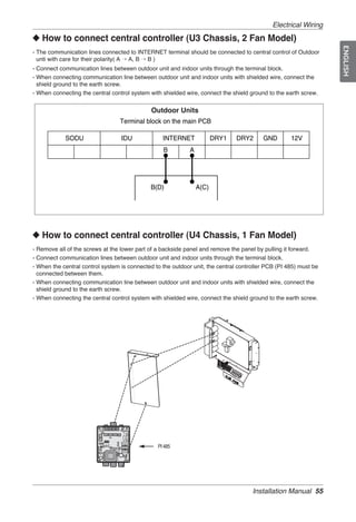 Electrical Wiring
◆ How to connect central controller (U3 Chassis, 2 Fan Model)




                                                                                                                  ENGLISH
- The communication lines connected to INTERNET terminal should be connected to central control of Outdoor
  unti with care for their polarity( A → A, B → B )
- Connect communication lines between outdoor unit and indoor units through the terminal block.
- When connecting communication line between outdoor unit and indoor units with shielded wire, connect the
  shield ground to the earth screw.
- When connecting the central control system with shielded wire, connect the shield ground to the earth screw.


                                                   Outdoor Units
                                         Terminal block on the main PCB

            SODU                         IDU           INTERNET            DRY1   DRY2   GND        12V
                                                       B        A




                                                   B(D)             A(C)




◆ How to connect central controller (U4 Chassis, 1 Fan Model)
- Remove all of the screws at the lower part of a backside panel and remove the panel by pulling it forward.
- Connect communication lines between outdoor unit and indoor units through the terminal block.
- When the central control system is connected to the outdoor unit, the central controller PCB (PI 485) must be
  connected between them.
- When connecting communication line between outdoor unit and indoor units with shielded wire, connect the
  shield ground to the earth screw.
- When connecting the central control system with shielded wire, connect the shield ground to the earth screw.




                            3 2 1L   4

                            H4ODSK NO




                                                     PI 485




                                                                                     Installation Manual 55
 
