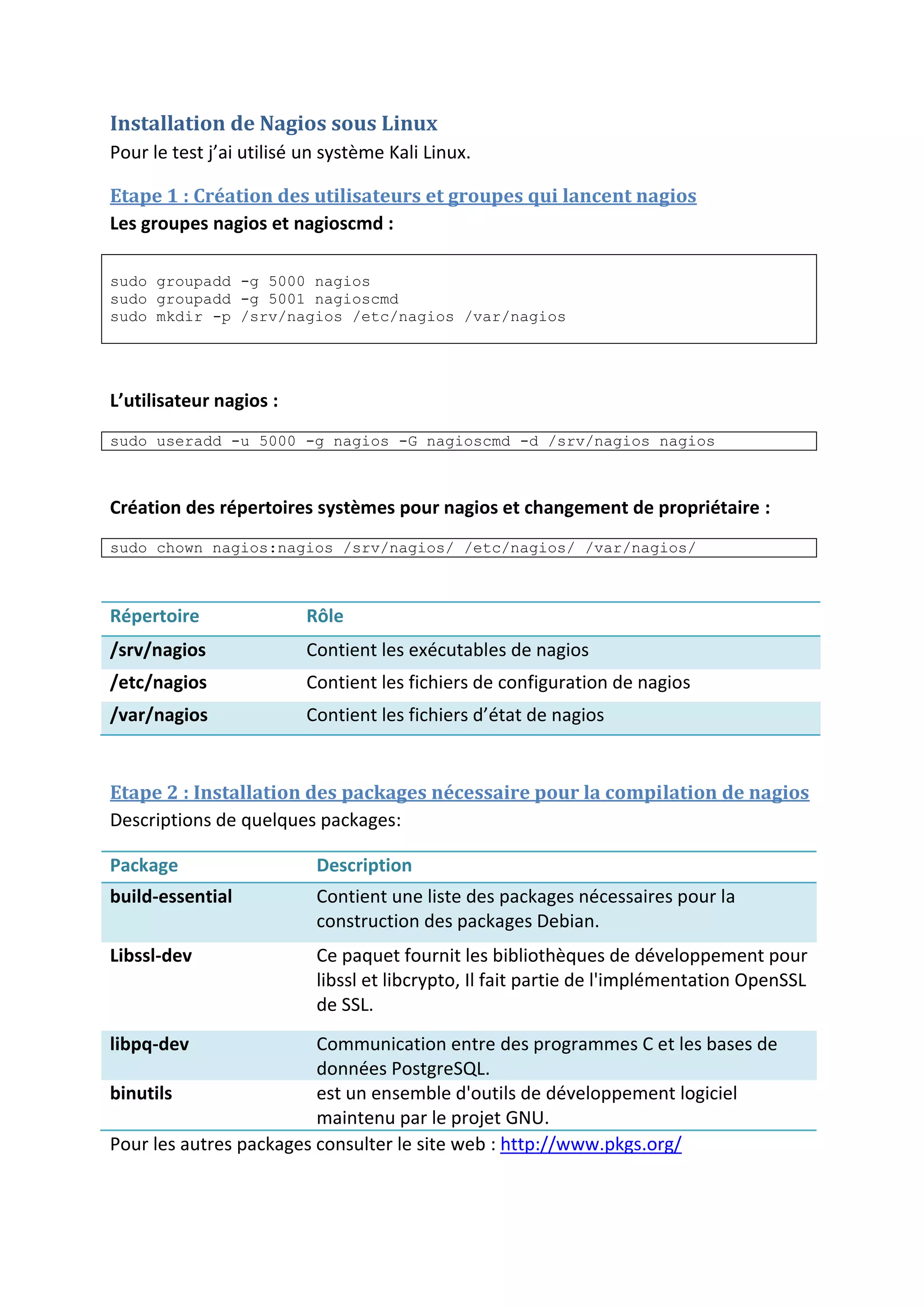 Installation de Nagios sous Linux
Pour le test j’ai utilisé un système Kali Linux.
Etape 1 : Création des utilisateurs et groupes qui lancent nagios
Les groupes nagios et nagioscmd :
sudo groupadd -g 5000 nagios
sudo groupadd -g 5001 nagioscmd
sudo mkdir -p /srv/nagios /etc/nagios /var/nagios
L’utilisateur nagios :
sudo useradd -u 5000 -g nagios -G nagioscmd -d /srv/nagios nagios
Création des répertoires systèmes pour nagios et changement de propriétaire :
sudo chown nagios:nagios /srv/nagios/ /etc/nagios/ /var/nagios/
Répertoire Rôle
/srv/nagios Contient les exécutables de nagios
/etc/nagios Contient les fichiers de configuration de nagios
/var/nagios Contient les fichiers d’état de nagios
Etape 2 : Installation des packages nécessaire pour la compilation de nagios
Descriptions de quelques packages:
Package Description
build-essential Contient une liste des packages nécessaires pour la
construction des packages Debian.
Libssl-dev Ce paquet fournit les bibliothèques de développement pour
libssl et libcrypto, Il fait partie de l'implémentation OpenSSL
de SSL.
libpq-dev Communication entre des programmes C et les bases de
données PostgreSQL.
binutils est un ensemble d'outils de développement logiciel
maintenu par le projet GNU.
Pour les autres packages consulter le site web : http://www.pkgs.org/
 