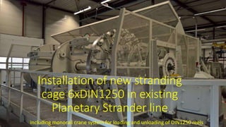Installation of new stranding
cage 6xDIN1250 in existing
Planetary Strander line
including monorail crane system for loading and unloading of DIN1250 reels
 