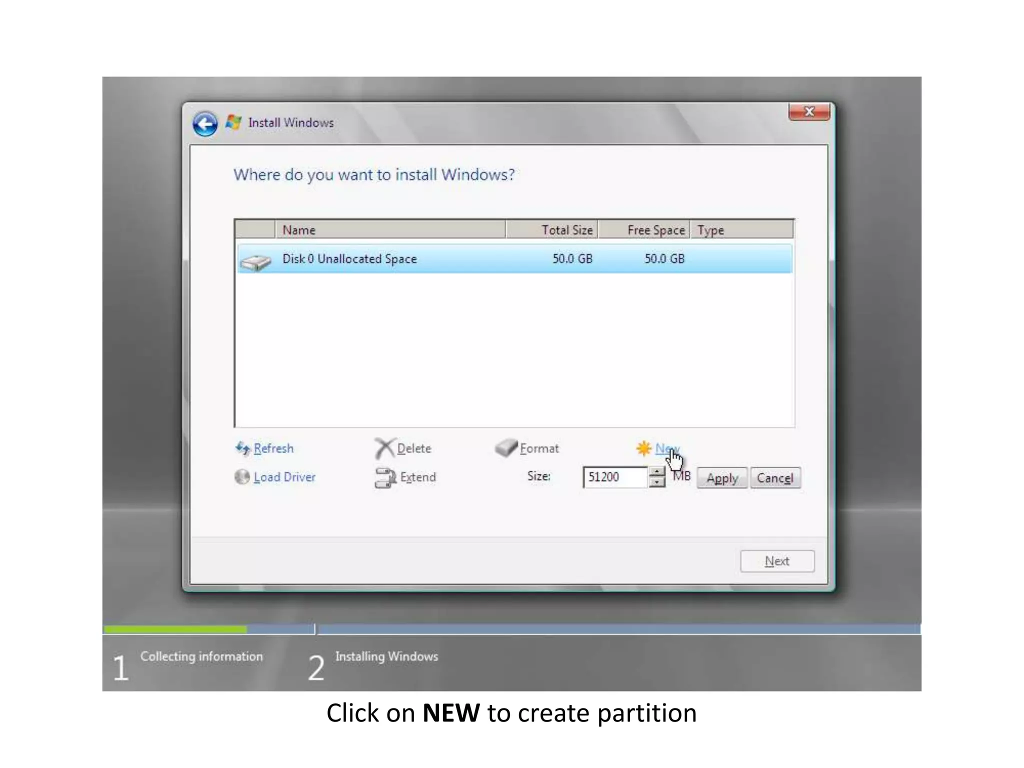 Click on NEW to create partition