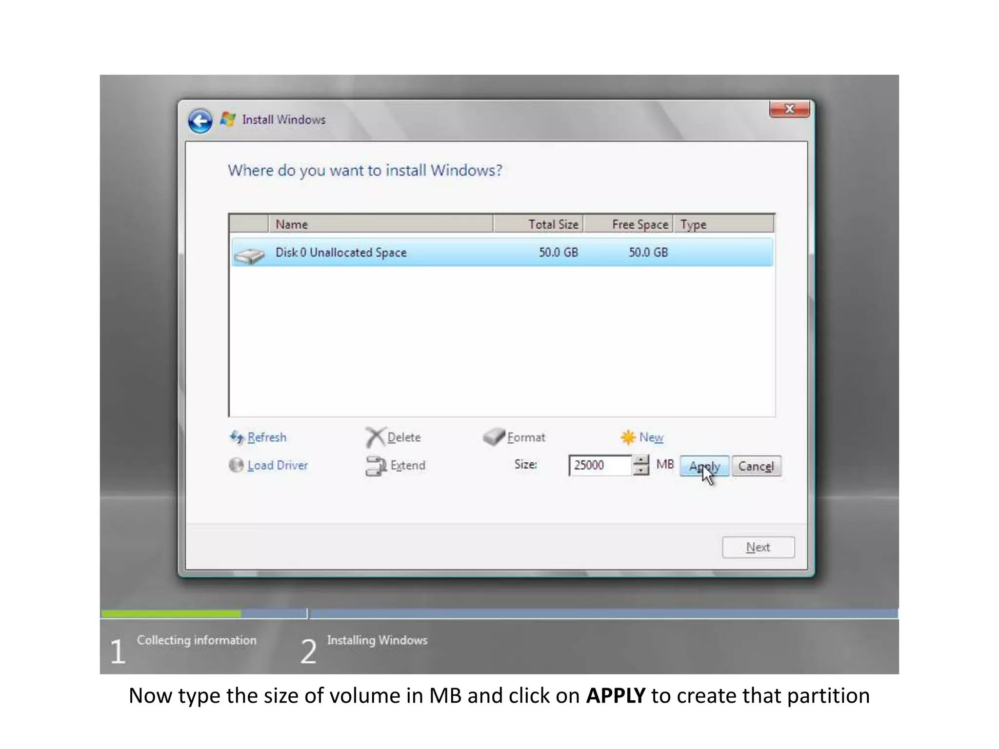 Now type the size of volume in MB and click on APPLY to create that partition