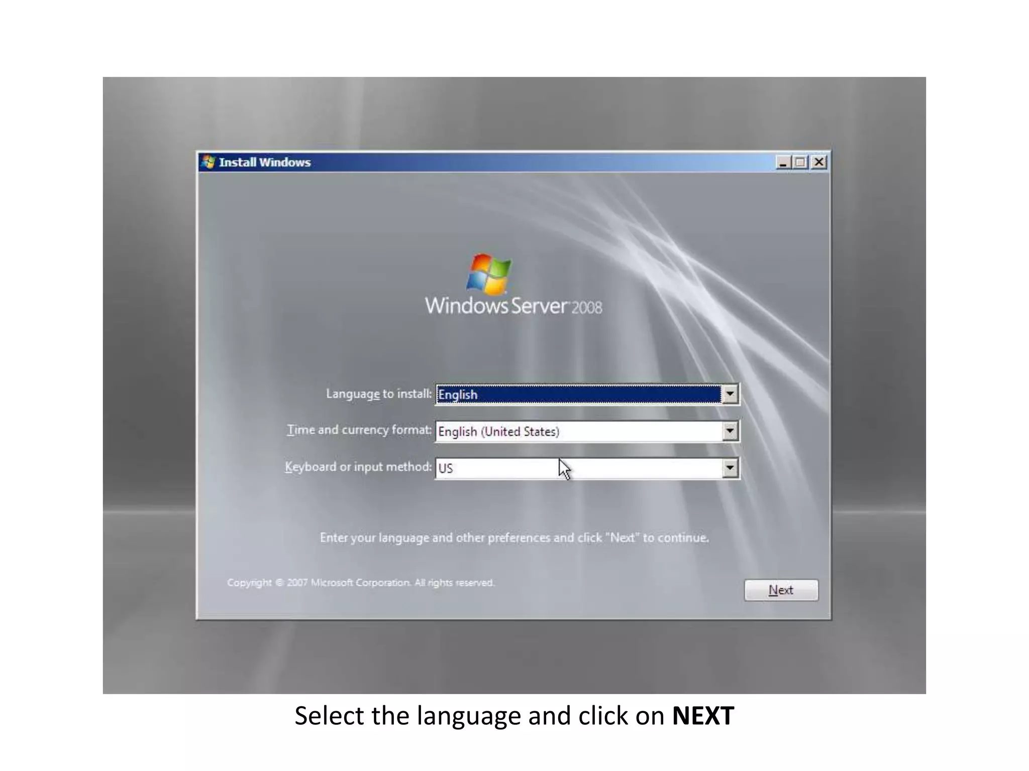 Select the language and click on NEXT