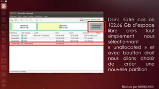 Réaliser par NOURI ANIS
Dans notre cas on
102.66 Gb d’espace
libre alors tout
simplement nous
sélectionnant
« unallocated » et
avec boutton droit
nous allons choisir
de créer une
nouvelle partition
 