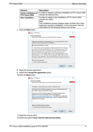 PTV Visum 2020 Step by step setup
PTV Visum 2020 Installation guide © PTV GROUP 6
Element Description
Earlier installation of
PTV Visum 2020
In order to replace a previous installation of PTV Visum 2020
choose the desired entry.
New installation… In order to create a new installation of PTV Visum 2020
choose this option.
Note
This installation process displays fewer windows than when
replacing a previous installation. In this document, skip the
instructions for the windows that you do not see.
Click the Next button.
Read the license agreement.
Select the I accept the agreement option.
Click the Next button.
Read the privacy policy.
Select the option I have read the data privacy policy.
 