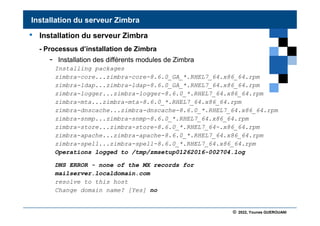 © 2022, Younes GUEROUANI
BIG SOFT
• Installation du serveur Zimbra
- Processus d’installation de Zimbra
- Installation des différents modules de Zimbra
Installing packages
zimbra-core...zimbra-core-8.6.0_GA_*.RHEL7_64.x86_64.rpm
zimbra-ldap...zimbra-ldap-8.6.0_GA_*.RHEL7_64.x86_64.rpm
zimbra-logger...zimbra-logger-8.6.0_*.RHEL7_64.x86_64.rpm
zimbra-mta...zimbra-mta-8.6.0_*.RHEL7_64.x86_64.rpm
zimbra-dnscache...zimbra-dnscache-8.6.0_*.RHEL7_64.x86_64.rpm
zimbra-snmp...zimbra-snmp-8.6.0_*.RHEL7_64.x86_64.rpm
zimbra-store...zimbra-store-8.6.0_*.RHEL7_64-.x86_64.rpm
zimbra-apache...zimbra-apache-8.6.0_*.RHEL7_64.x86_64.rpm
zimbra-spell...zimbra-spell-8.6.0_*.RHEL7_64.x86_64.rpm
Operations logged to /tmp/zmsetup01262016-002704.log
DNS ERROR - none of the MX records for
mailserver.localdomain.com
resolve to this host
Change domain name? [Yes] no
Installation du serveur Zimbra
 