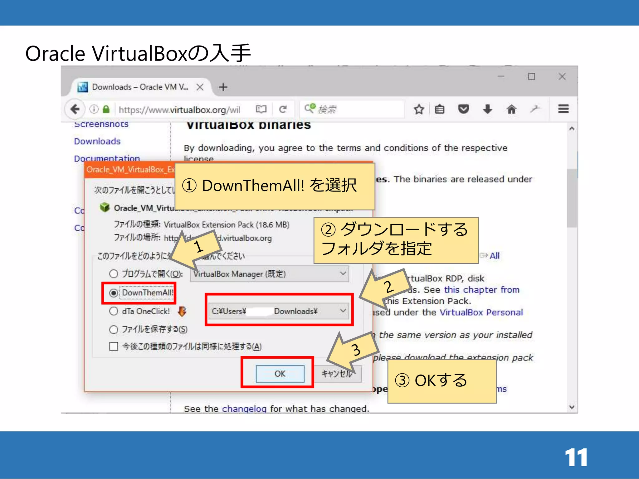 11
Oracle VirtualBoxの入手
① DownThemAll! を選択
② ダウンロードする
フォルダを指定
③ OKする
 