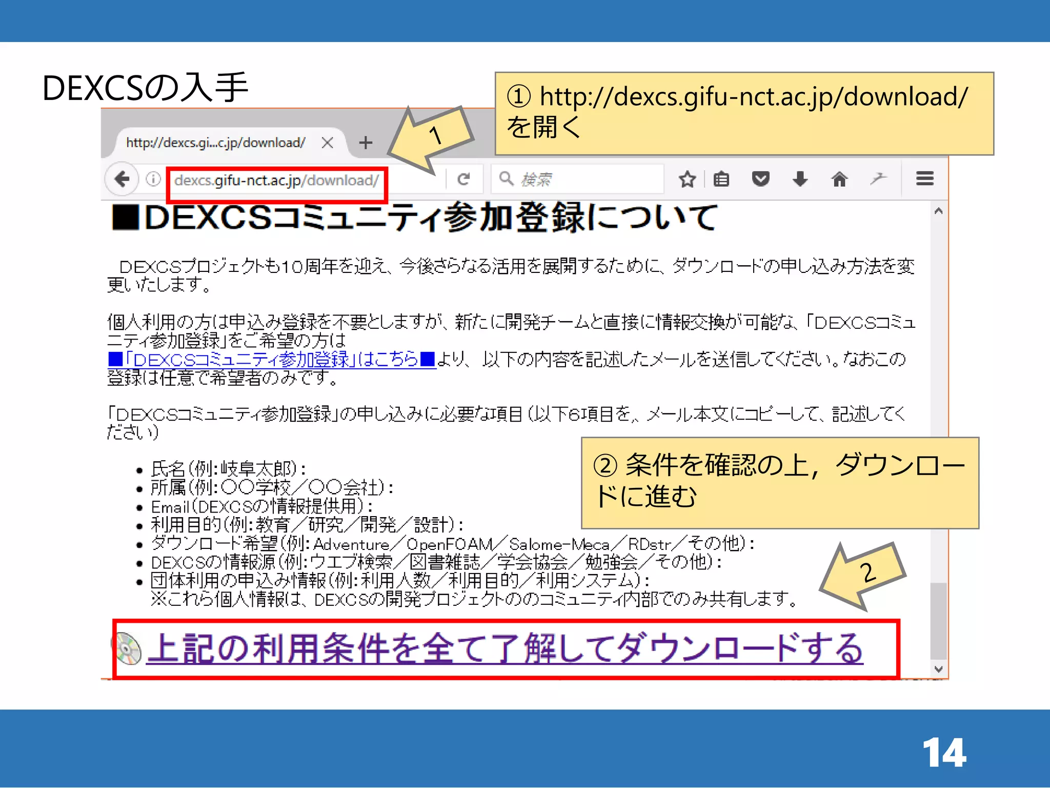 14
DEXCSの入手 ① http://dexcs.gifu-nct.ac.jp/download/
を開く
② 条件を確認の上，ダウンロー
ドに進む
 