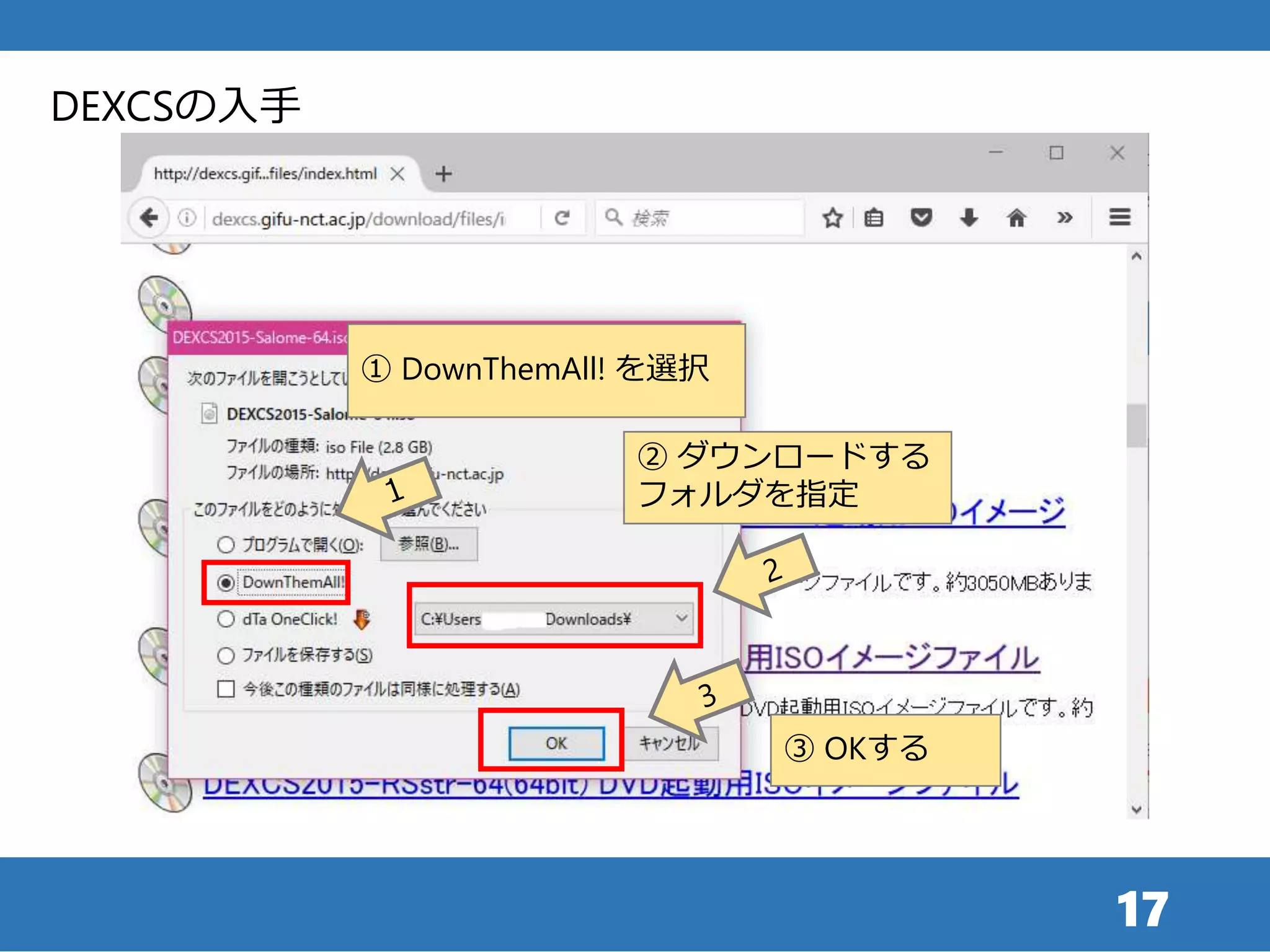 17
① DownThemAll! を選択
② ダウンロードする
フォルダを指定
③ OKする
DEXCSの入手
 