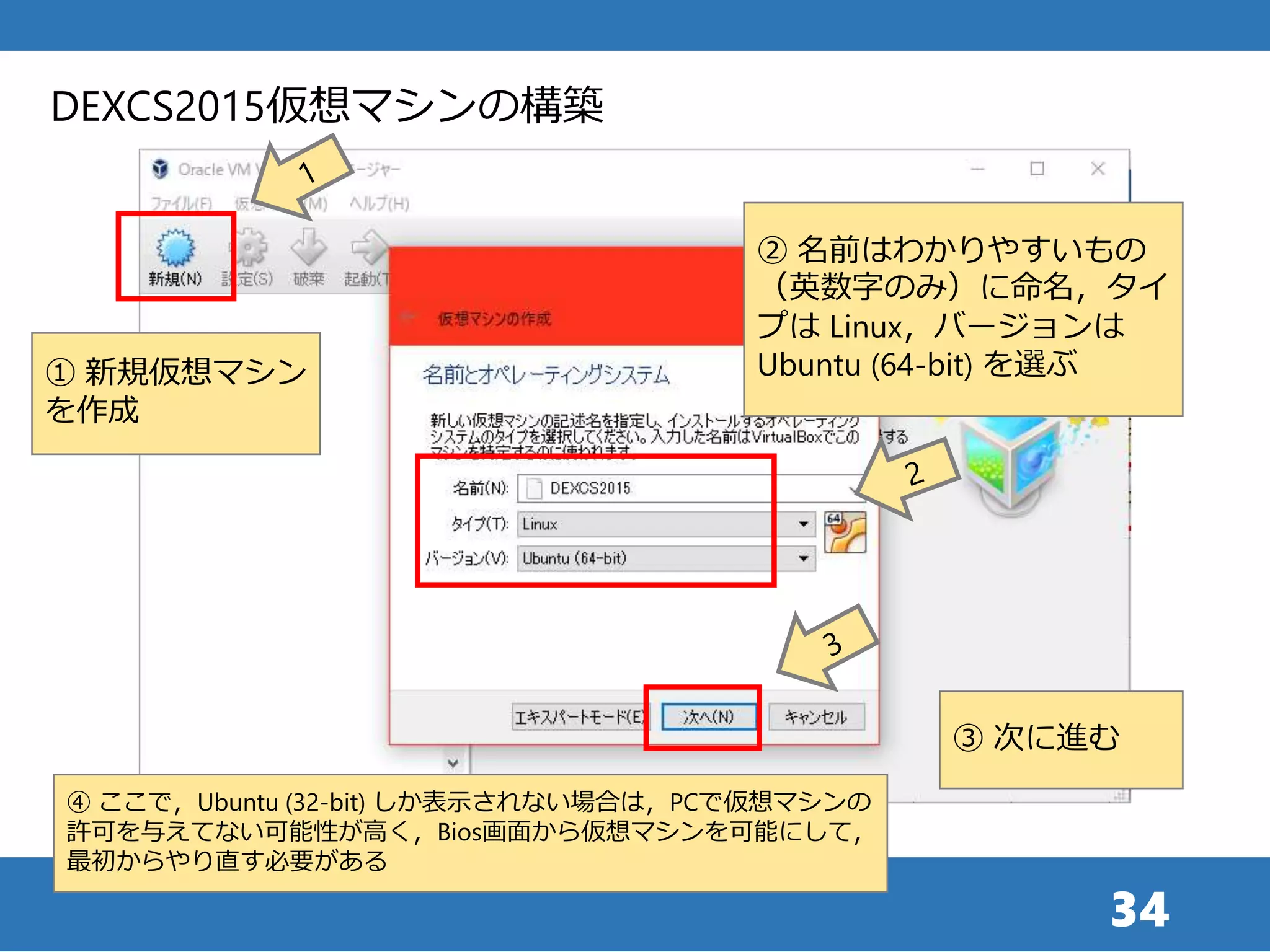 34
① 新規仮想マシン
を作成
② 名前はわかりやすいもの
（英数字のみ）に命名，タイ
プは Linux，バージョンは
Ubuntu (64-bit) を選ぶ
DEXCS2015仮想マシンの構築
③ 次に進む
④ ここで，Ubuntu (32-bit) しか表示されない場合は，PCで仮想マシンの
許可を与えてない可能性が高く，Bios画面から仮想マシンを可能にして，
最初からやり直す必要がある
 