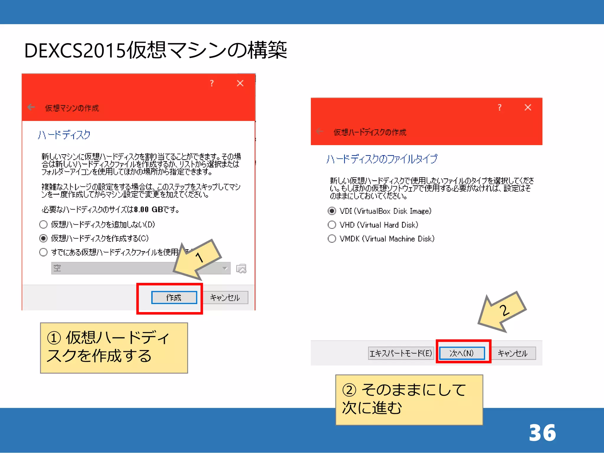 36
DEXCS2015仮想マシンの構築
① 仮想ハードディ
スクを作成する
② そのままにして
次に進む
 