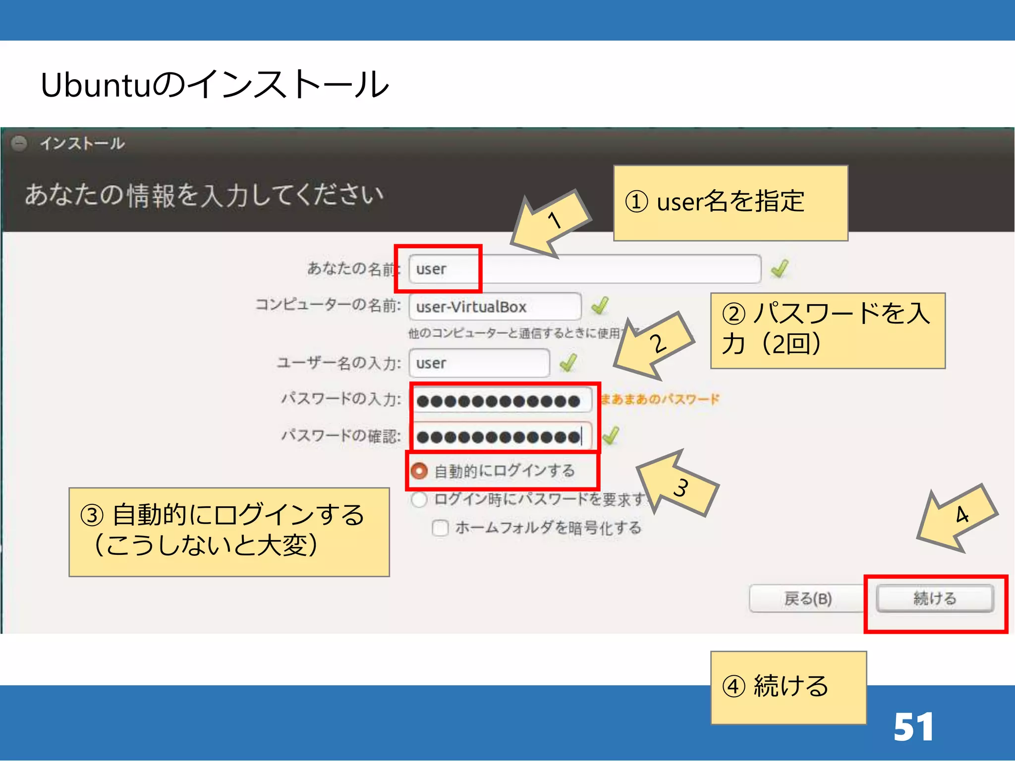 51
④ 続ける
① user名を指定
Ubuntuのインストール
② パスワードを入
力（2回）
③ 自動的にログインする
（こうしないと大変）
 