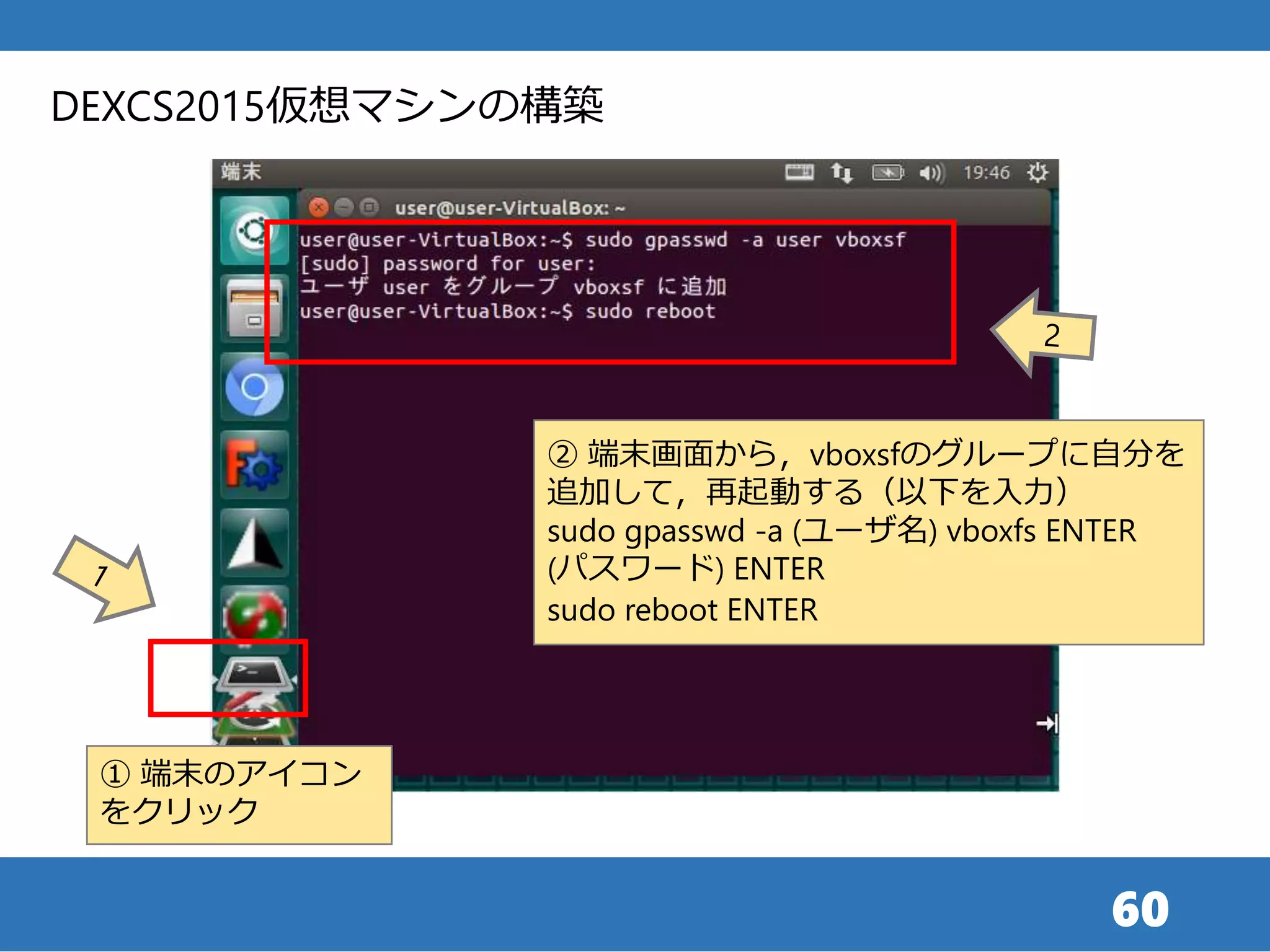 60
① 端末のアイコン
をクリック
DEXCS2015仮想マシンの構築
② 端末画面から，vboxsfのグループに自分を
追加して，再起動する（以下を入力）
sudo gpasswd -a (ユーザ名) vboxfs ENTER
(パスワード) ENTER
sudo reboot ENTER
 
