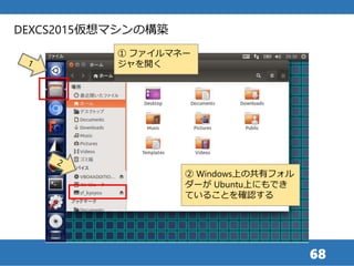 68
① ファイルマネー
ジャを開く
DEXCS2015仮想マシンの構築
② Windows上の共有フォル
ダーが Ubuntu上にもでき
ていることを確認する
 