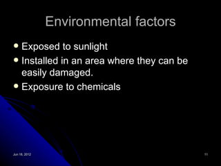 Environmental factors
 Exposed to sunlight
 Installed in an area where they can be
  easily damaged.
 Exposure to chemicals




Jun 18, 2012                               11
 