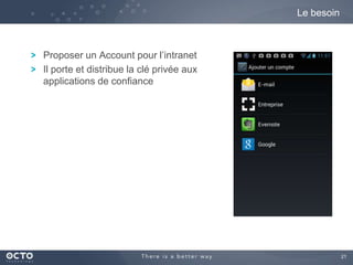 21
Proposer un Account pour l’intranet
Il porte et distribue la clé privée aux
applications de confiance
Le besoin
 