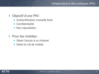6
Objectif d’une PKI :
Authentification mutuelle forte
Confidentialité
Non-répudiation
Pour les mobiles :
Gérer l’accès à un intranet
Gérer le vol de mobile
Infrastructure à clés publiques (PKI)
 