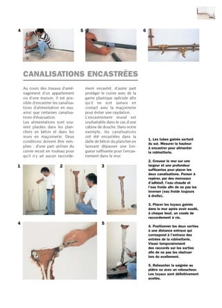 CANALISATIONS ENCASTRÉES
Au cours des travaux d’amé-
nagement d’un appartement
ou d’une maison, il est pos-
sible d’encastrer les canalisa-
tions d’alimentation en eau,
ainsi que certaines canalisa-
tions d’évacuation.
Les alimentations sont sou-
vent placées dans les plan-
chers en béton et dans les
murs en maçonnerie. Deux
conditions doivent être rem-
plies : d’une part utiliser du
cuivre recuit en rouleau pour
qu’il n’y ait aucun raccorde-
ment encastré, d’autre part
protéger le cuivre avec de la
gaine plastique spéciale afin
qu’il ne soit jamais en
contact avec la maçonnerie
pour éviter une oxydation.
L’encastrement mural est
souhaitable dans le cas d’une
cabine de douche. Dans notre
exemple, les canalisations
ont été encastrées dans la
dalle de béton du plancher en
laissant dépasser une lon-
gueur suffisante pour l’encas-
trement dans le mur.
1. Les tubes gainés sortent
du sol. Mesurer la hauteur
à encastrer pour alimenter
la robinetterie.
2. Creuser le mur sur une
largeur et une profondeur
suffisantes pour placer les
deux canalisations. Penser à
repérer, par des morceaux
d’adhésif, l’eau chaude et
l’eau froide afin de ne pas les
inverser (eau froide toujours
à droite).
3. Placer les tuyaux gainés
dans le mur après avoir soudé,
à chaque bout, un coude de
raccordement à vis.
4. Positionner les deux sorties
à une distance entraxe qui
correspond à l’entraxe des
entrées de la robinetterie.
Visser temporairement
des raccords sur les sorties
afin de ne pas les obstruer
lors du scellement.
5. Reboucher la saignée au
plâtre ou avec un reboucheur.
Les tuyaux sont définitivement
scellés.
4 5 6
1 2 3
4 5
 