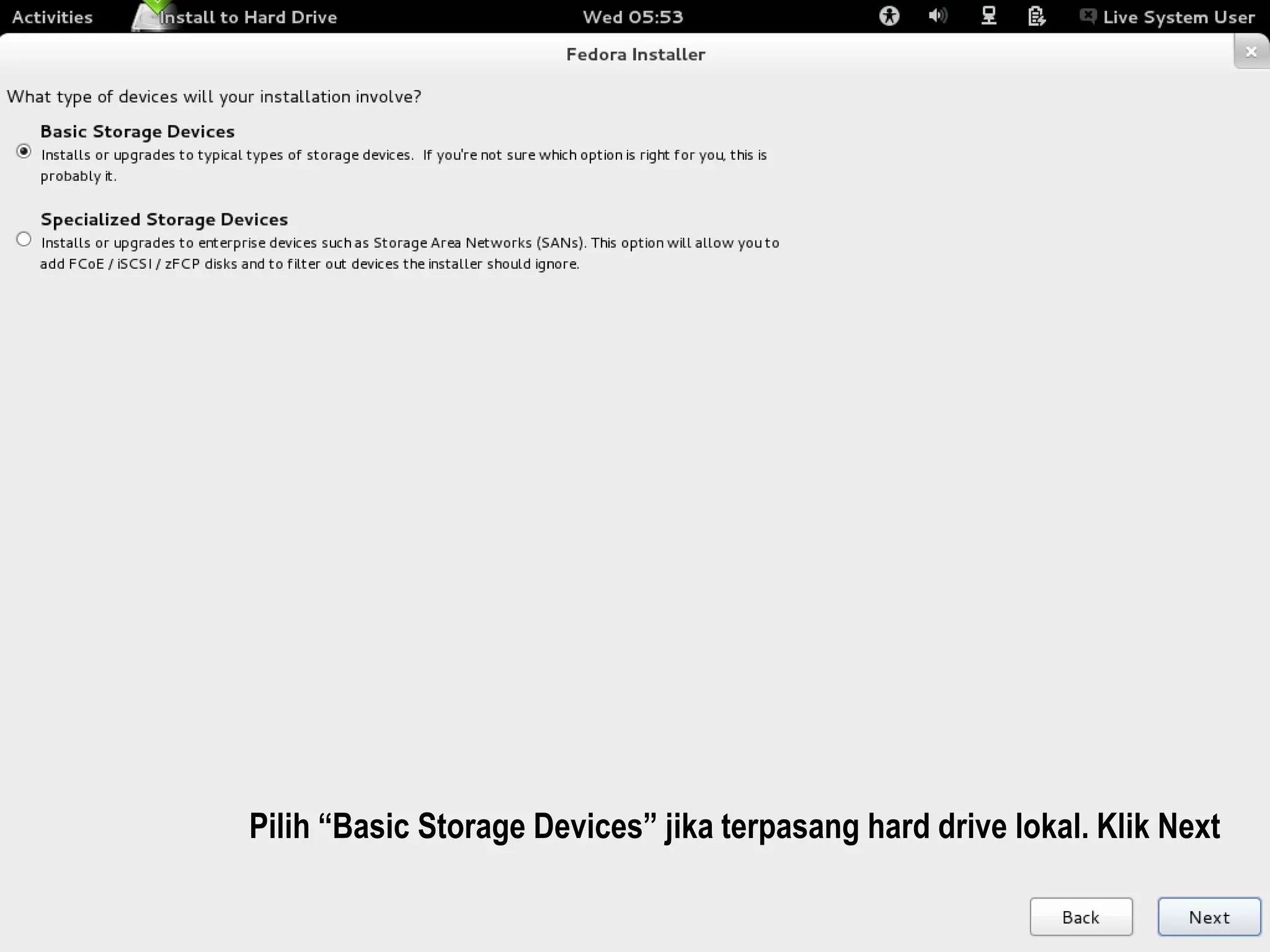 Pilih “Basic Storage Devices” jika terpasang hard drive lokal. Klik Next
 