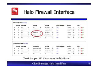 Halo Firewall Interface




Cloak the port till these users authenticate
         CloudPassage Halo Installfest         18
 