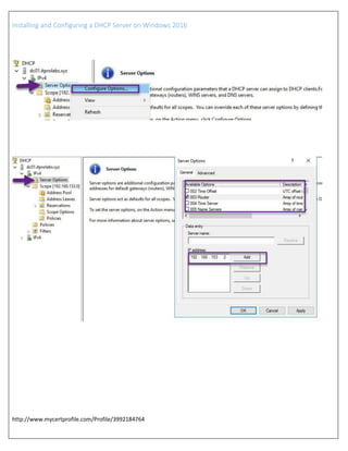 Installing and Configuring a DHCP Server on Windows 2016
http://www.mycertprofile.com/Profile/3992184764
 