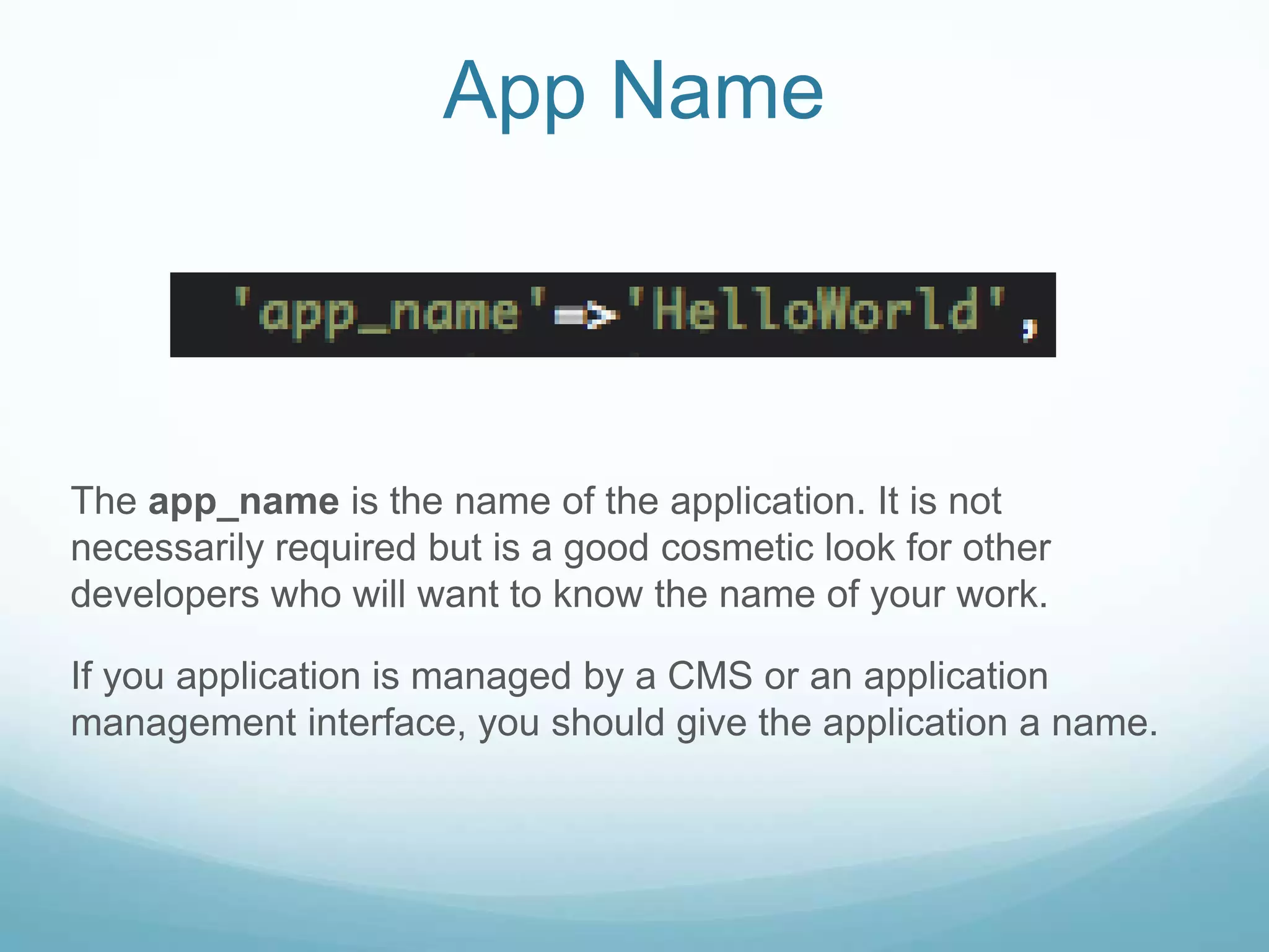 App Name



The app_name is the name of the application. It is not
necessarily required but is a good cosmetic look for other
developers who will want to know the name of your work.

If you application is managed by a CMS or an application
management interface, you should give the application a name.
 