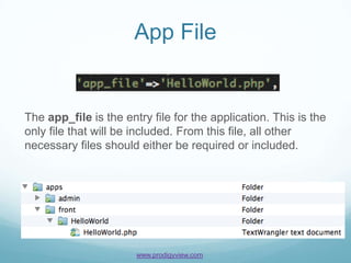 App File


The app_file is the entry file for the application. This is the
only file that will be included. From this file, all other
necessary files should either be required or included.




                       www.prodigyview.com
 