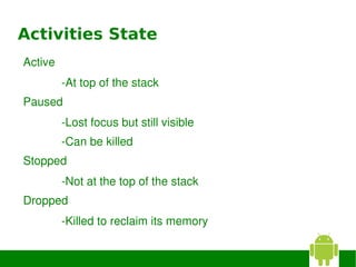 Activities State
Active
         ­At top of the stack
Paused
         ­Lost focus but still visible
         ­Can be killed
Stopped
         ­Not at the top of the stack
Dropped
         ­Killed to reclaim its memory
 
