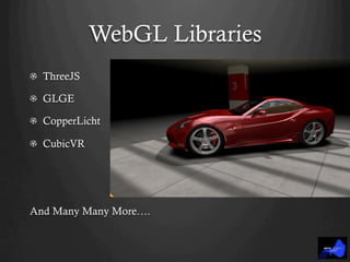 WebGL Libraries
! ThreeJS
!   GLGE
! CopperLicht
! CubicVR
And Many Many More….
 